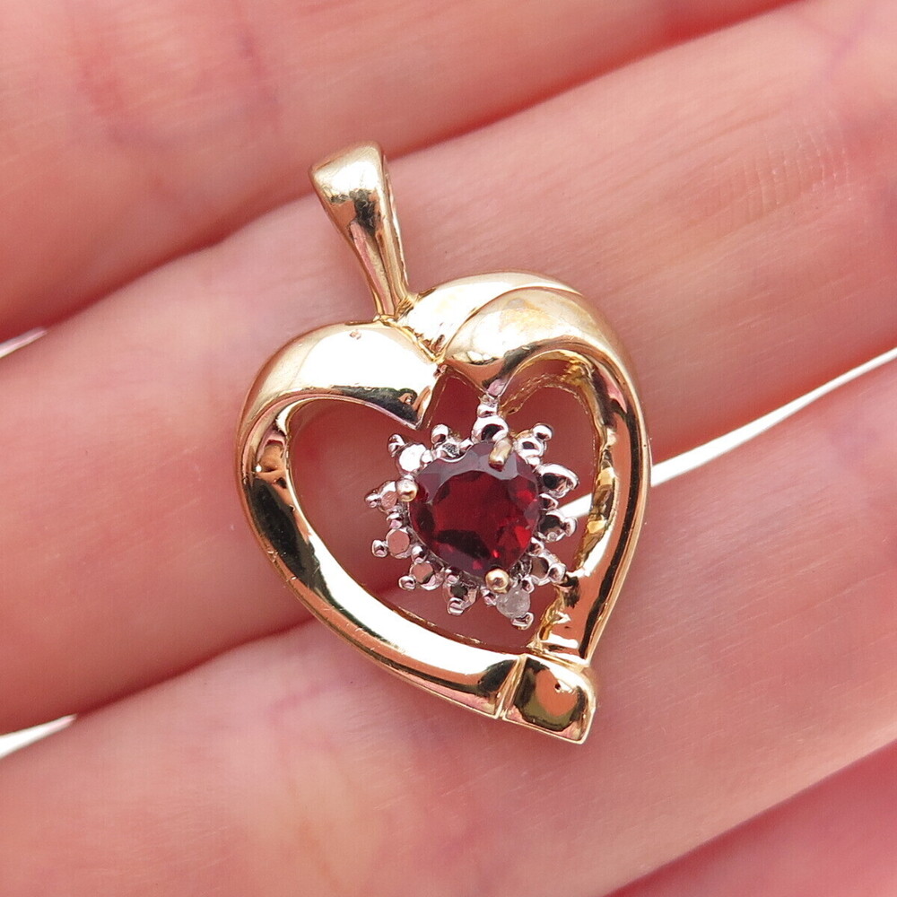 925 Sterling Silver Gold Plated Real Diamond Accent & Red Garnet Heart Pendant
